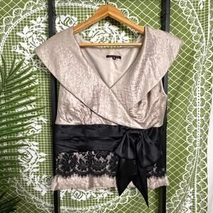 Vintage Marina Evening Top Size 12 Champagne Metallic Lace Satin Bow Y2K